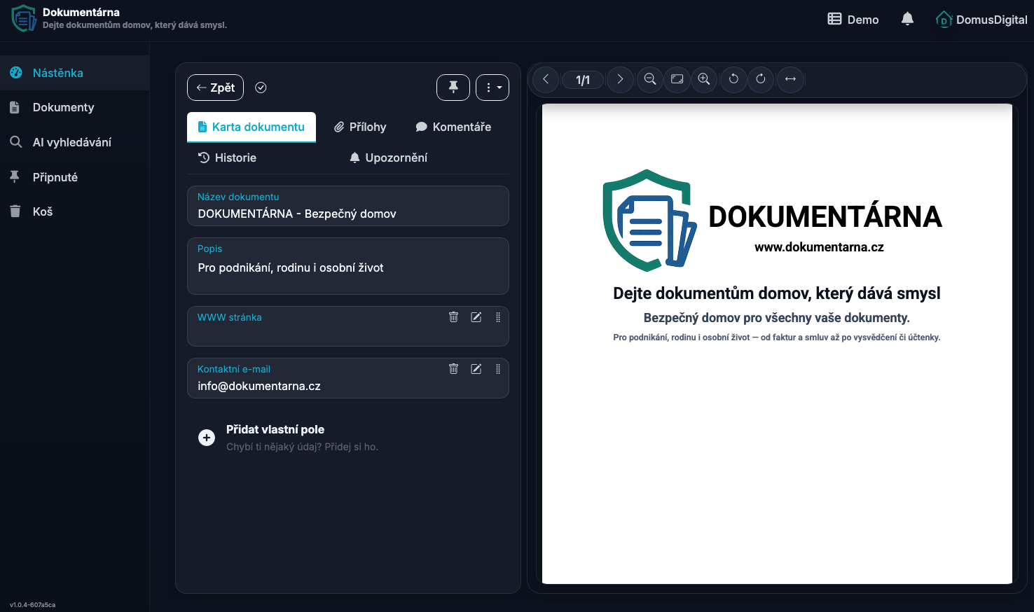 Detail dokumentu v aplikaci